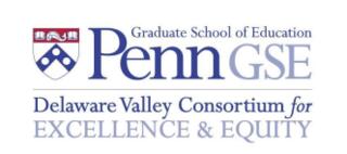 Graduate School of Education Penn GSE , Delaware Valley Consortium for Excellence and Equity.  The Penn Coat of Arms is displayed in red, white, and blue.