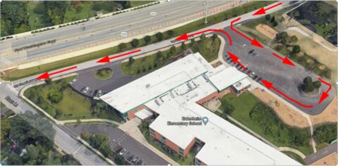 Map showing how to enter and exit parking lot for carline drop off and pick up