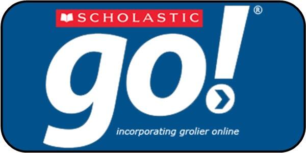 Blue background white font says GO! incorporating grolier online. There is a red tag at the top with white font that says scholastic