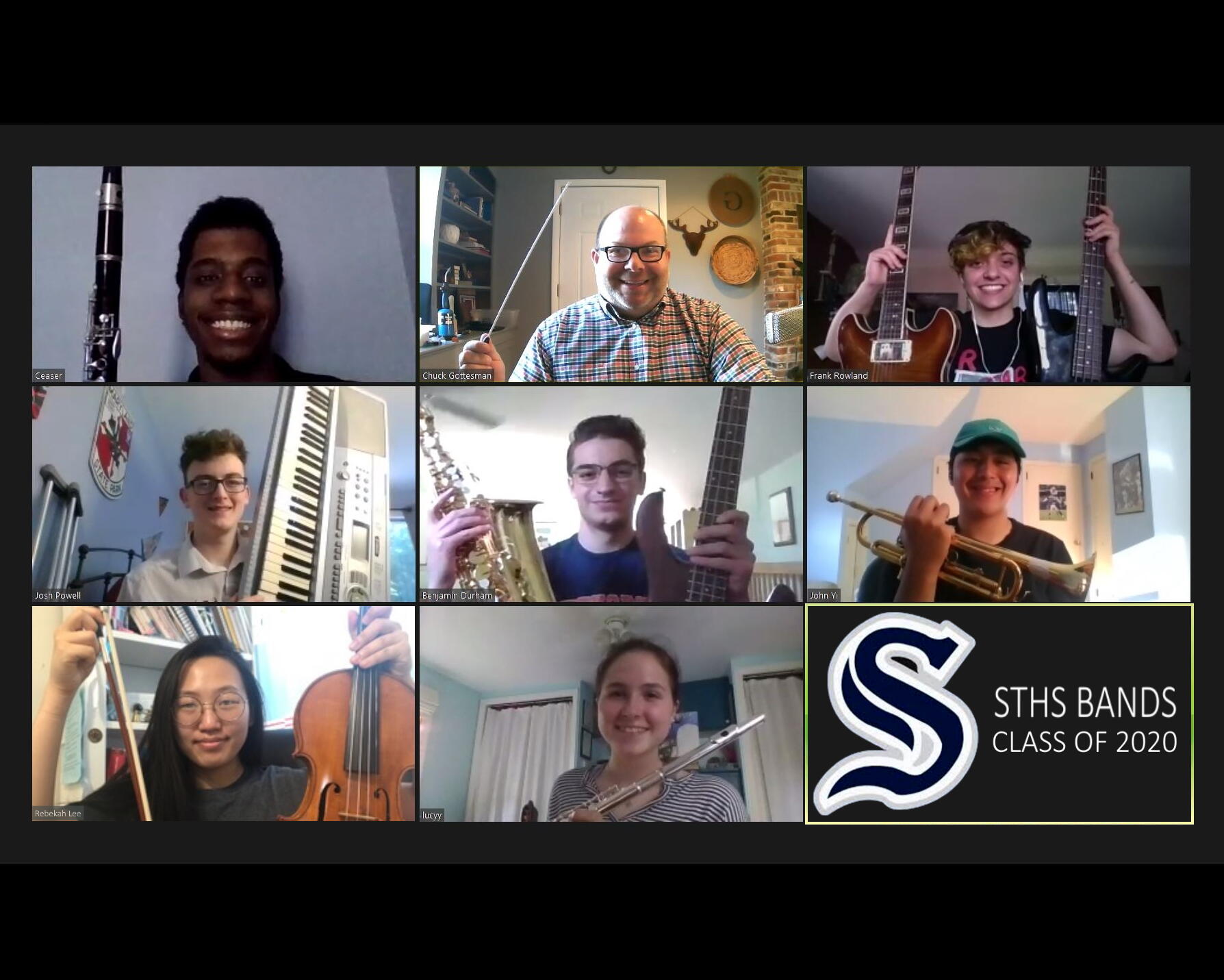 Zoom screenshot of different students holding instruments. These are the kids from the different bands from the year 2020